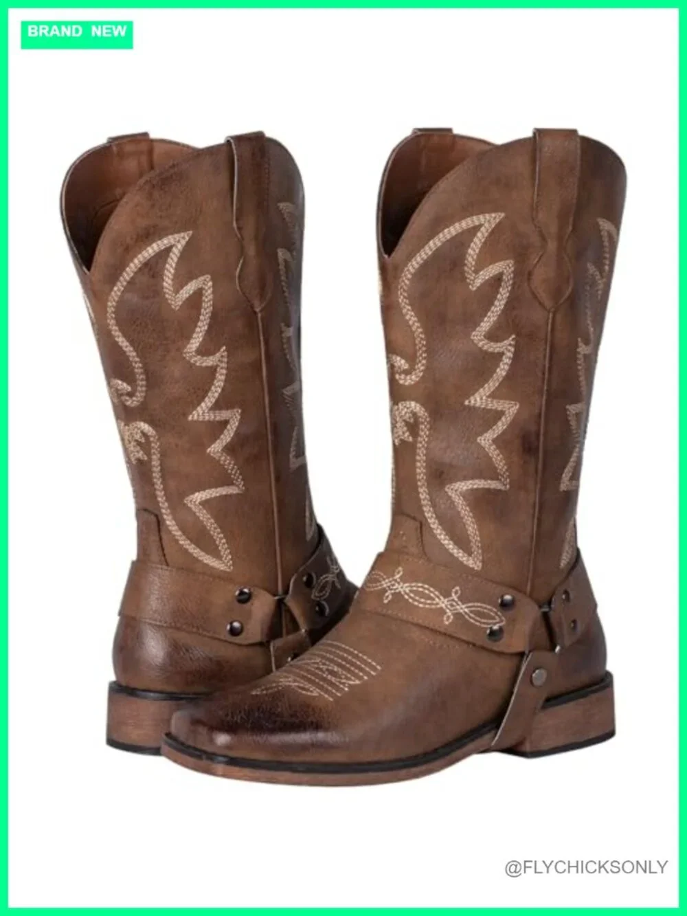 Square Toe Mid Calf Western Cowgirl Boots with Removable Buckle Strap
